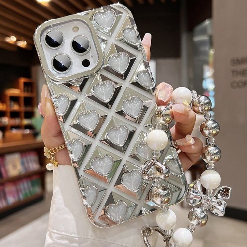 Electroplated Hollowed Love Phone Case With Anti-fall Full Protection And Lanyard For iPhone